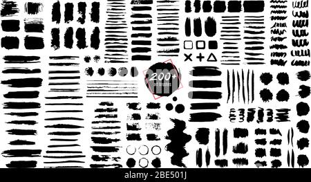 Ink textured brush. Grunge strokes and dirty texture paint splatters. Artistic brush blots, frames and text boxes isolated vector set. Collections of Stock Vector