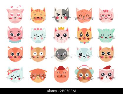 Cute cats faces. Cat heads emoticons, kitten face expressions. Happy smiling, sad, angry and wink cat vector illustration. Animal feelings and Stock Vector