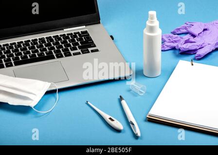 Things necessary for Online work and education in conditions of quarantine. Concept of the fight against coronavirus, covid-19. Social isolating. Stock Photo