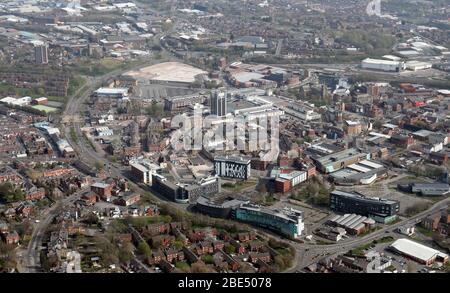 aerial view of Blackburn town centre from the west with University Centre at Blackburn College and other faculty college buildings in the foreground Stock Photo