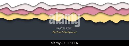 Abstract horizontal vector long banner in paper cut style with shadows and copy space for text. Paper art in trendy color layers, shape of waves. Realistic minmal layout template for website Stock Vector