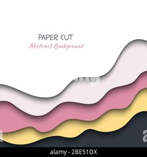 Abstract square vector background in paper cut style with shadows and copy space for text. Paper art in trendy colors with layers, shape of waves. Realistic minmal layout template for poster, banner Stock Vector