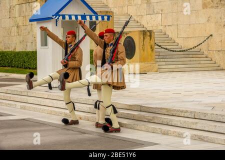 Greece, Athens. Unknown soldier's grave. Change of honor guard. Three soldiers in historical clothes Stock Photo