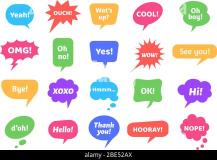 Bubble labels. Abstract doodle speech bubbles with different phrases, text labels and empty thought clouds modern vector icons set. Collection of Stock Vector