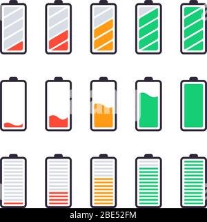 Batteries full charge. Energy indicators, charge levels and accumulator energy full and empty status and smartphone power level UI design elements Stock Vector