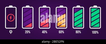 Energy level icon. Charge load, phone battery indicator, smartphone power level, accumulator energy empty and full status vector icons set. Loading Stock Vector