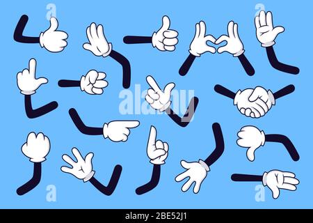 Cartoon arms. Gloved hands with different gestures, various comic hands in white gloves vector illustration set. Collection of movements and signs on Stock Vector