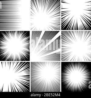 Comic retro background. Speed action lines template, comic book stripe effects and motion wave explosions elements vector background set. Collection Stock Vector