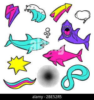 Set of cartoon sharks and decorative elements. Urban colorful teenage creative illustration. Stock Vector