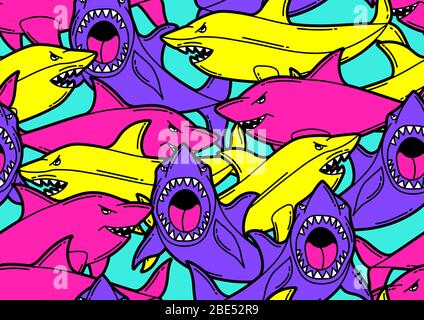 Seamless pattern with cartoon sharks. Urban colorful teenage creative background. Stock Vector