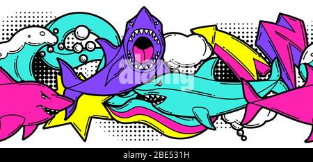Seamless pattern with cartoon sharks. Urban colorful teenage creative background. Stock Vector