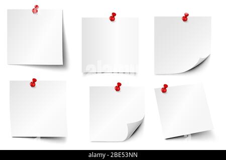 Pinned paper notes. Sticker papers, note on pin and notes board stickers realistic vector set. Notepaper attached with red pushpins. Fastened notepad Stock Vector