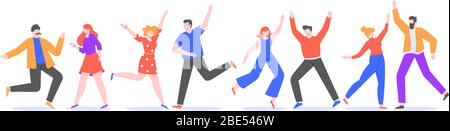 Happy dancing people. Exciting modern characters dancing together, cheerful female and male dancers. Joyful friends at music party isolated vector Stock Vector