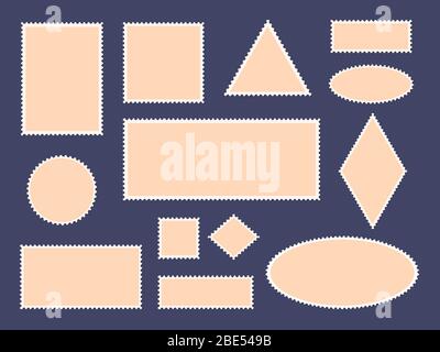 Postcard stamp frames. Postage stamps border, empty paper postcards and mail office stamp frames, philatelic cards vector isolated icon set. Blank Stock Vector