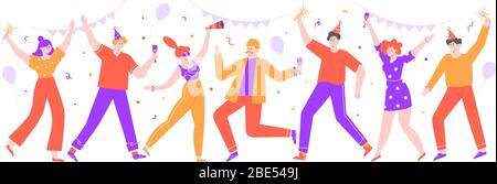 People celebrating. Happy celebration party, joyful women and men celebrating together with balloons and confetti. Dance celebration party vector Stock Vector