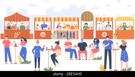 Outdoor food fest. People in fast food cafe, visiting park with family and friends. Characters eating in street cafe, friendly people outdoor recreate Stock Vector