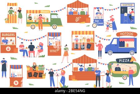 Street food marketplace. Outdoor farmers market, characters buy and sell vegetables, bread, flowers and other products, street shopping trade vector Stock Vector