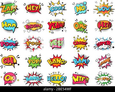 Comic speech bubbles. Cartoon explosions text balloons. Wtf bang ouch ...