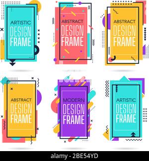 Memphis commercial frames. Minimalist abstract layout, modern hipster, retro geometric elements border, 80s memphis colourful art frame isolated Stock Vector