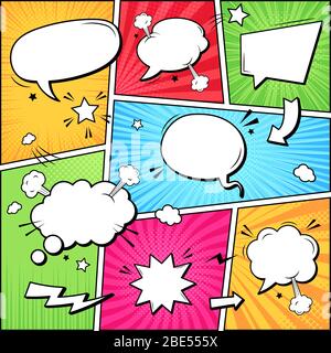 Comic books dialog bubbles. Cartoon book superhero scrapbook page template, empty comical speech clouds, graphic art frame vector layout template Stock Vector