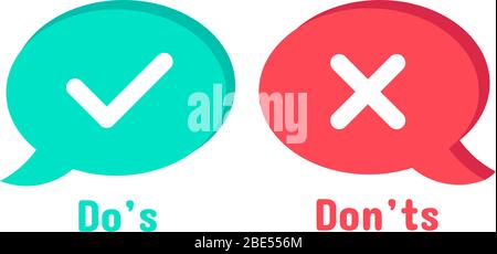 Do and Dont icons. Speech bubble checklist element, yes and no dialogue cloud box. Accept or reject symbol vector icon. Right and wrong symbols Stock Vector