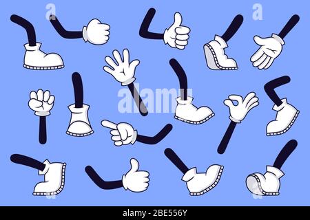Cartoon legs and hands. Comic character gloved arm and feet in boots, retro doodle arms with different gestures, running and walking legs vector Stock Vector