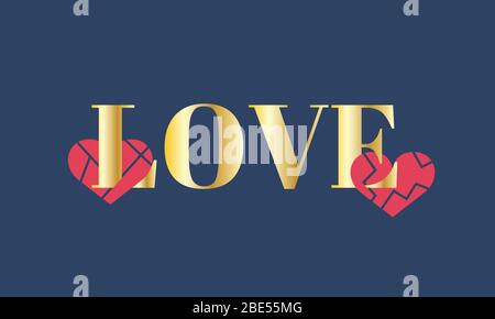 Broken hearts on the text. Love lettering. Design for Valentine's day. Vector illustration EPS10 Stock Vector