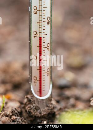 Soil thermometer measuring the temperature in spring