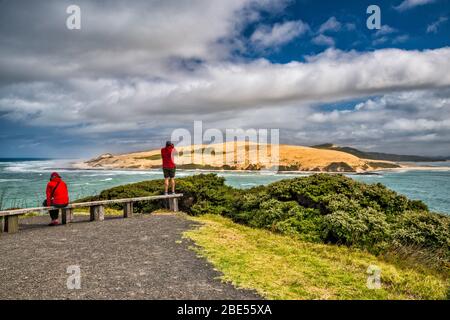 North Head sand dunes, Hokianga Harbour, Tasman Sea, view from South Head, Arai te Uru Scenic Reserve, near Omapere, North Island, New Zealand Stock Photo
