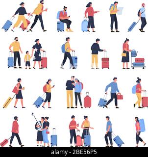 Travelers at airport. Business tourists, people waiting at airports terminal with luggage, characters walking and hasting to boarding vector Stock Vector