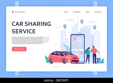 Car rent. Cars rent phone services, car sharing or taxi mobile application. Urban locations, travel points on city map landing page vector Stock Vector