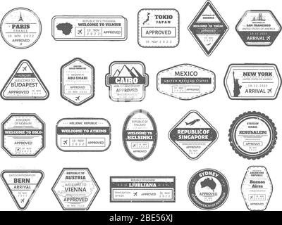 Travel cachet stamp. Vintage traveling passport stamps, visa international arrived mark. Japan, Singapore and Australia air boarder stamp frames Stock Vector