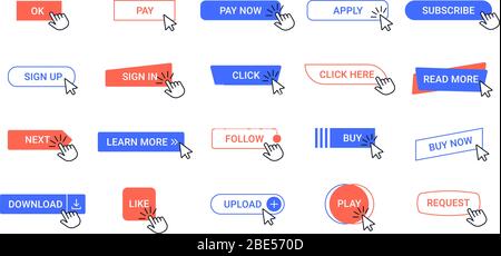 Click button. Web pointer clicking buttons, computer app interface mouse cursor tools. Arrow click ui elements vector isolated icons set Stock Vector