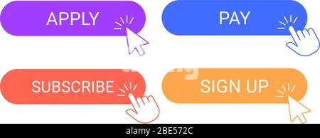 Online participation buttons. Apply, subscribe and pay sign up applying digital form button. Cursor pointer clicking on participation buttons vector Stock Vector