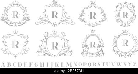 Vintage monogram emblem. Retro art ornamental luxury emblems, royal crown monograms wreath and wedding swirls frame vector illustration set Stock Vector