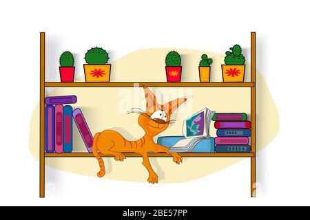 World Book Day. Different color books with ornament on shelf with cat on bookshelf. Cat reading book. Education concept. Stock vector illustration Stock Vector