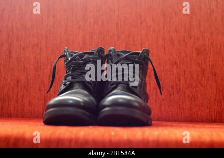 Old Black Leather Boots, Vintage Stock Photo