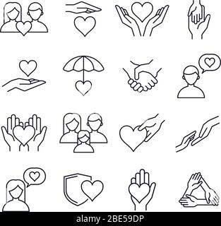 Love and kindness heart line icons. Friends, family, relationships and romantic heart signs, line art love heart elements, people relationships vector Stock Vector