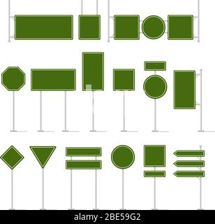 Road traffic signboard. Green traffic signs, direction sign board mockup, street location arrows and warning highway square text panel and billboard Stock Vector