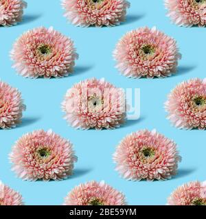 Creative seamless pattern with pink gerberas against turquoise color background. Flat lay floral backdrop. Stock Photo