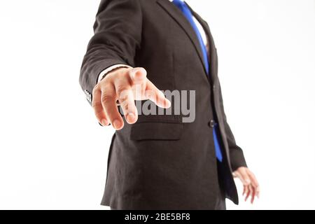 Man wearing suit corporate touching screen with index finger isolated on white background Stock Photo