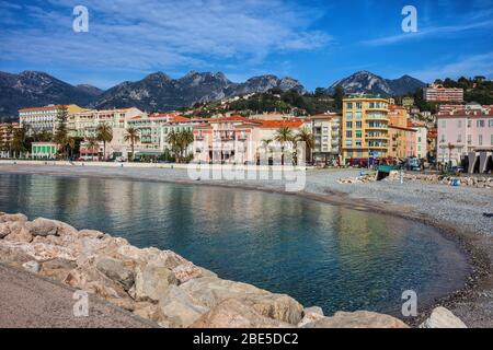 Menton town in France, sea bay and beach on French Riviera and resort town skyline, Alpes-Maritimes, Cote d'Azur Stock Photo