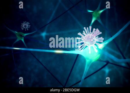 virus spreading with neuron cell. 3D illustration rendering Stock Photo