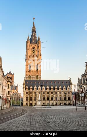 Ghent, Belgium - April 9, 2020: The 91 meter tall Belfry of Ghent. the tallest belfry in Belgium. Stock Photo