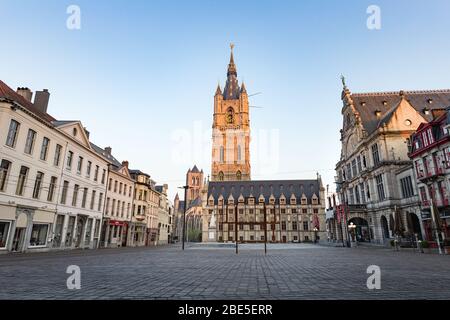 Ghent, Belgium - April 9, 2020: The 91 meter tall Belfry of Ghent. the tallest belfry in Belgium. Stock Photo