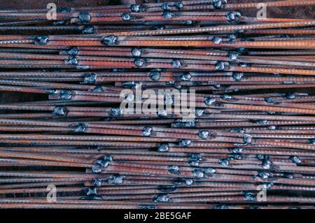 Construction background. Rebar reinforcement for concrete work on a construction site. Steel rods. . Steel rebar for reinforcement concrete for pourin Stock Photo