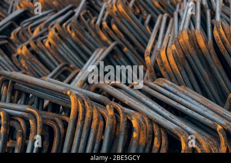 Construction background. Rebar reinforcement for concrete work on a construction site. Steel rods. . Steel rebar for reinforcement concrete for pourin Stock Photo