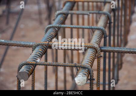 Rebars bars for concrete wall construction of a new building. Construction site Stock Photo