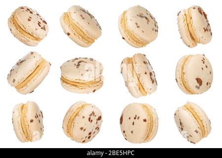 Macro photo of french beige macaroon isolated on white background, clipping path. Stock Photo