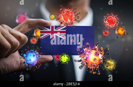 Corona Virus Around New Zealand Flag. Concept Pandemic Outbreak in Country Stock Photo